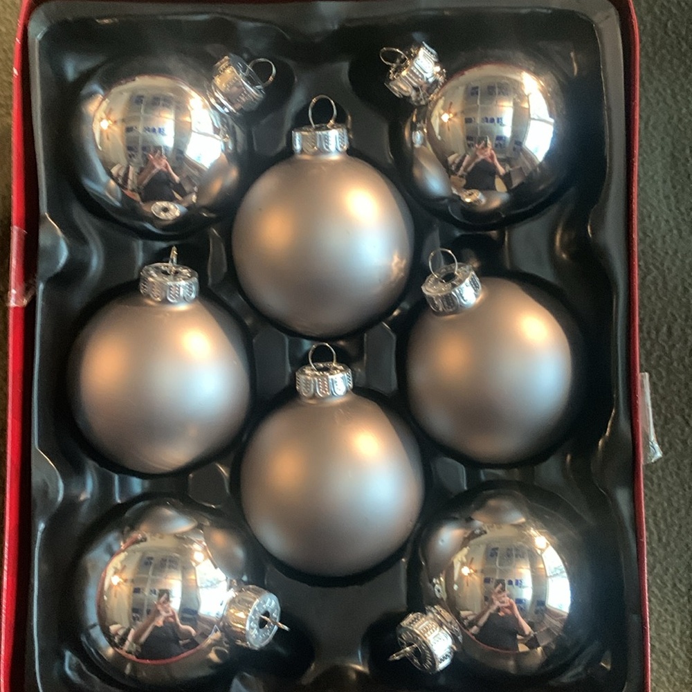 Holiday Living silver glass 2” ornaments. 4 shiny. 4 matte. Silver tops. Box - Picture 3 of 7